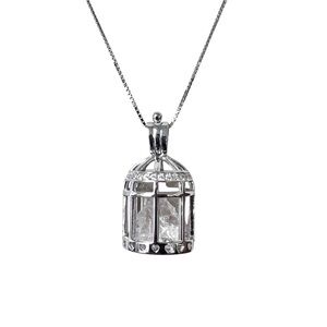 925 Sterling Silver Rhodium CZ Birdcage Herkimer Diamond Quartz Crystal Necklace